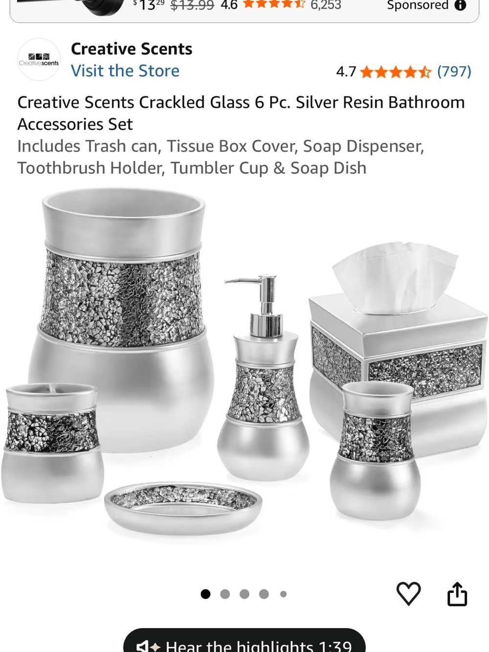 Silver Mosaic 5-Piece Bath Accessory Set - Picture 2 of 2